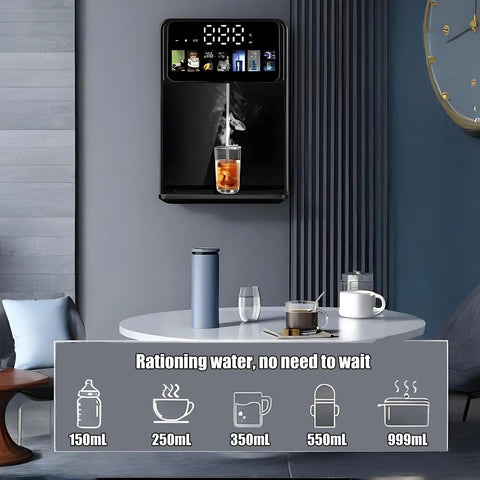 Wall Mounted Hot And Cold Water Dispenser With Touch Screen 2200W Office Water Cooler on gray wall with glass below