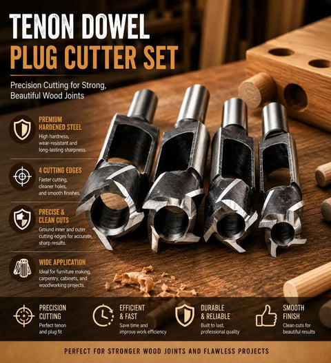 Heavy Duty Wood Tenon Plug Cutter And Three Quarter Inch Dowel Maker Drill Bit Featuring Slick Shear Angle Tips No Fuss Design Hardened Steel Shop Essential set with four cutters on wooden surface.