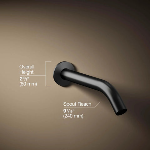 Components Wall Mount Bath Spout Non Diverter Matte Black Finish With NPT Connection, 9-7/16 in spout, labeled dimensions