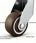 Heavy Duty Anti Sag Gate Caster Wheels Set Of Four With Dead Silent Rubber Rollers To Keep Large Sliding Doors Perfectly Level and Stop The Swoop Indoors Or Outdoors close-up of muted rubber wheel and stainless steel components.