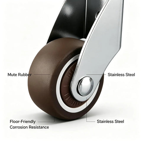 Heavy Duty Anti Sag Gate Caster Wheels Set Of Four With Dead Silent Rubber Rollers To Keep Large Sliding Doors Perfectly Level and Stop The Swoop Indoors Or Outdoors close-up of muted rubber wheel and stainless steel components.