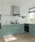 Modern kitchen with green and white cabinets, stainless steel appliances, and 10 Pack 5 Inch Brushed Nickel Cabinet Pulls Arched Drawer Handles Solid Metal Hardware For Kitchen Cabinets Bathroom Vanities And Dresser Furniture Durable Construction With 128mm Center To Center Spacing And Easy Installation.