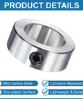 12 Pack Hollow Shaft Collars With Set Screws One And One Eighth Inch Bore One And Three Fourths Inch Outer Diameter Five Eighths Inch Thick Zinc Plated Carbon Steel Lightweight Lock Collar Clamp For Axles, close-up view showcasing zinc-plated carbon steel and set screw.