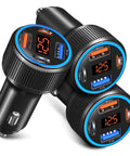 Top Tier 65W 4 Port Usb C Car Charger 3 Pack With Digital Voltmeter PD 30W Quick Charge three fast charging adapters close-up.