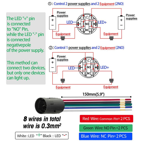 Wiring diagram for Three Position 19mm Rotary Switch with Blue LED Indicator, showing connection of 8 wires, 12V 24V DC or AC.
