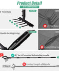 Product detail showing 82 Inch Adjustable Garden Hoe and Cultivator Rake with Five Tines, highlighting 82-inch extended handle and sturdy features.