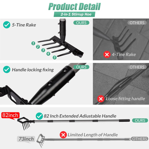Product detail showing 82 Inch Adjustable Garden Hoe and Cultivator Rake with Five Tines, highlighting 82-inch extended handle and sturdy features.