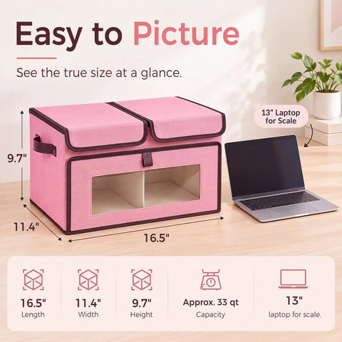 No Hassle Straight Up Foldable Fabric Storage Bins With Tough Lids And Transparent Panels For Rapid Grab Makes Home Sorting A Total Cinch Lightweight Build, pink fabric storage bin with clear panel, shows size against a 13" laptop.