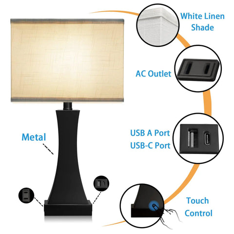 Super Convenient Set Of Two Touch Control Three Way Dimmable Table Lamps With Usb Type C Port And Outlet Perfect For Bedroom Nightstand Living Room Office Desk And Hotel Rooms Bulbs Included