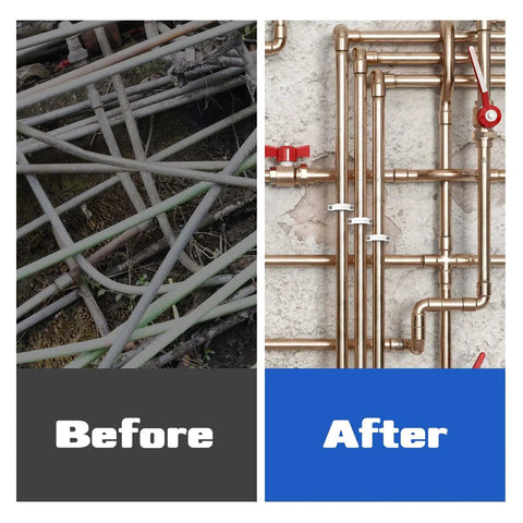 Before and after image of plumbing pipes with 15 Pcs 3/4 Inch PVC Pipe Clamps With Screws Conduit Straps For Securing Pipes Cables And Wires