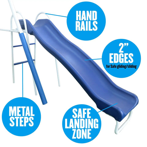 Backyard Swing Set With Seven Seats And Five Stations, Five Foot Wave Slide featuring blue metal steps and handrails for kids.