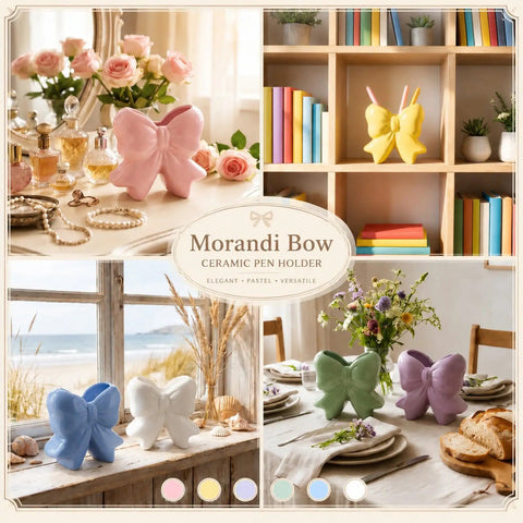 Six Piece Bow Pencil Holder Set For Back To School Ceramic Coquette Pen Holder Desk Organizer in pastel colors in various settings