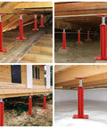 Four Pack Adjustable House Jacks For Floor Leveling And Crawlspace Support Built Like A Tank Heavy Duty Rust Proof Steel Prop 19 To 36 Inches Range installed underneath wooden beams.