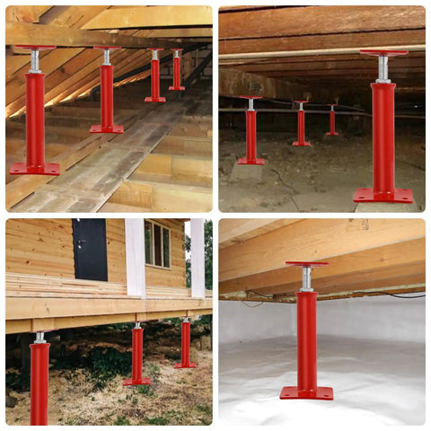 Four Pack Adjustable House Jacks For Floor Leveling And Crawlspace Support Built Like A Tank Heavy Duty Rust Proof Steel Prop 19 To 36 Inches Range installed underneath wooden beams.