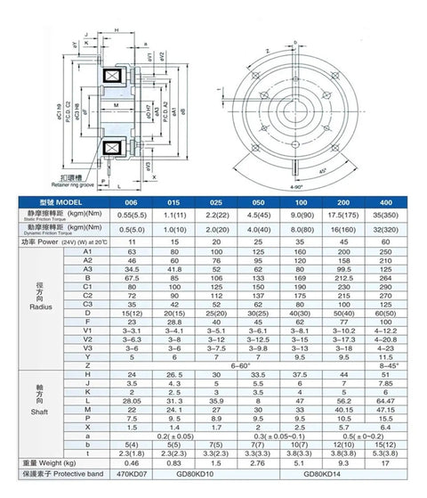 Heavy Duty DC Electromagnetic Clutch And Brake 24V schematic with dimensions and specifications for industrial applications.