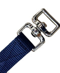 Double Buckle Swivel Lunging Chin Strap for Horse Training with nickel buckles, 11 inch heavy-duty nylon lunge strap, dark blue.