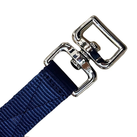 Double Buckle Swivel Lunging Chin Strap for Horse Training with nickel buckles, 11 inch heavy-duty nylon lunge strap, dark blue.