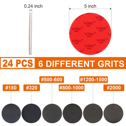 Five Inch Sanding Sponge Discs Set With Hook And Loop Backing, 24 Pack, Multiple Grits From 180 To 2000, grit size diagram