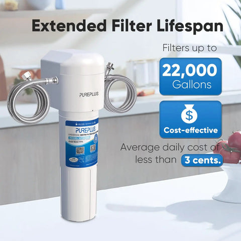 Under Sink Water Filter System With 22,000 Gallons Capacity For Home Use, on a kitchen counter display.