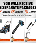 22 Inch Self Propelled Gas Lawn Mower With 170cc Easy Start Engine, 3 In 1 Mulching Bagging Side Discharge, 6 Cutting Heights From 1.25 To 4 In, Heavy Duty Steel Deck Yard Workhorse, Plus 17 Inch Gas String Trimmer With Shoulder Strap And Blower Kit displayed in three separate packages.