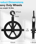 Aunocy 12 Inch Heavy Duty Scaffolding Pulley Hoist With Precision Ball Bearings For Quiet Lifting 1000 Lb Capacity Cable Rope System measurements including 12 inch wheel and 18 inch height.