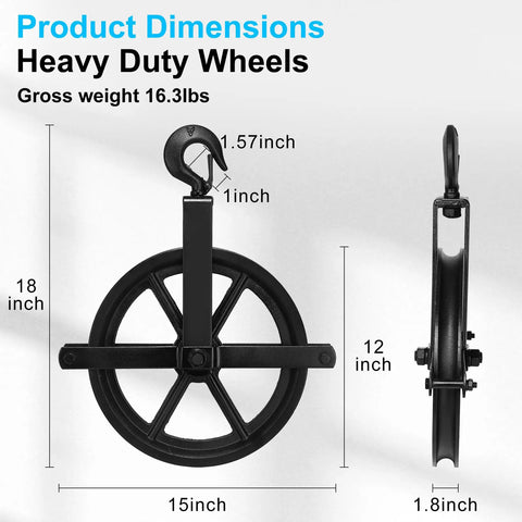 Aunocy 12 Inch Heavy Duty Scaffolding Pulley Hoist With Precision Ball Bearings For Quiet Lifting 1000 Lb Capacity Cable Rope System measurements including 12 inch wheel and 18 inch height.