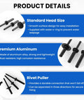 Heavy Duty Tri Grip Aluminum Pop Rivets With Waterproof O Rings Top Shelf Hardware Fasteners For Auto Body Work And Backyard Fixes 60 Piece Pack details showing premium aluminum and rivet puller.