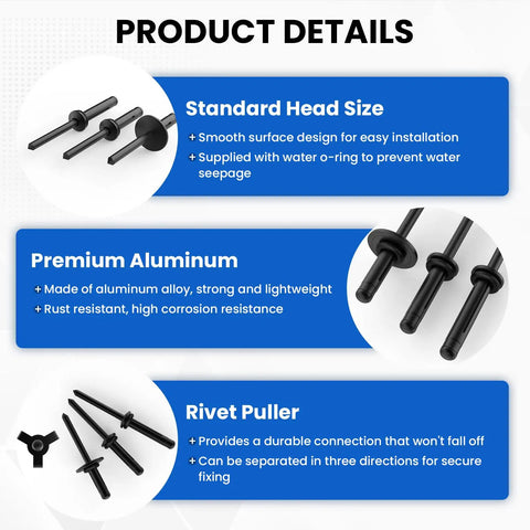 Heavy Duty Tri Grip Aluminum Pop Rivets With Waterproof O Rings Top Shelf Hardware Fasteners For Auto Body Work And Backyard Fixes 60 Piece Pack details showing premium aluminum and rivet puller.