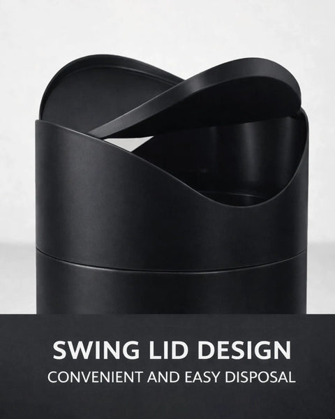 Tiny Matte Black Desktop Trash Can With Lid For Office Desk And Vanity 1.5 Liter Countertop Waste Bin Swing Top Metal Garbage Bin