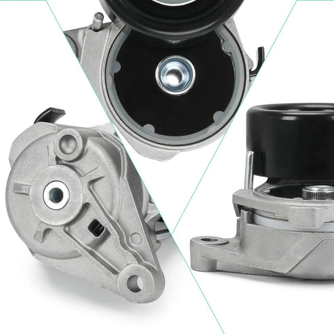 Top-Quality Serpentine Belt Tensioner Idler Pulley Drive Kit for 2007-2018 V8 4.6L and 5.7L Engines in Tough Trucks and Rugged Suvs Replaces 90K-39185 39185 36370 8PK2415 with Easy Diy Setup for Kickass Performance and Rock-Solid Reliability on the Road in a close-up view showing aluminum components.