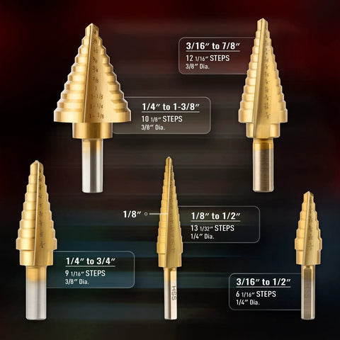 Titanium Coated Step Drill Bit Set With Automatic Center Punch For Sheet Metal 50 Sizes Across 5 High Speed Steel Bits
