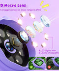 Close-up of purple Portable Kids Microscope With 2 Inch Screen And 1080P Autofocus, showing HD macro lens with 8 LED lights.