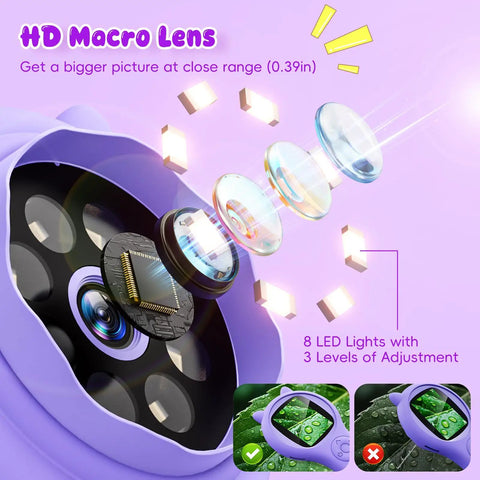 Close-up of purple Portable Kids Microscope With 2 Inch Screen And 1080P Autofocus, showing HD macro lens with 8 LED lights.