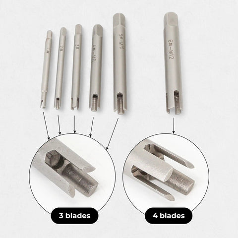 Six Piece Tap Extractor Set For Stripped Screws And Bolts, High Speed Steel Three Quarter Inch Flute Remover Tool with zoom-in details