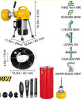 Image of Automatic Power Drain Snake And Heavy Duty Pipe Dredge Machine With Rust Resistant Manganese Steel Coil, tools and dimensions included.