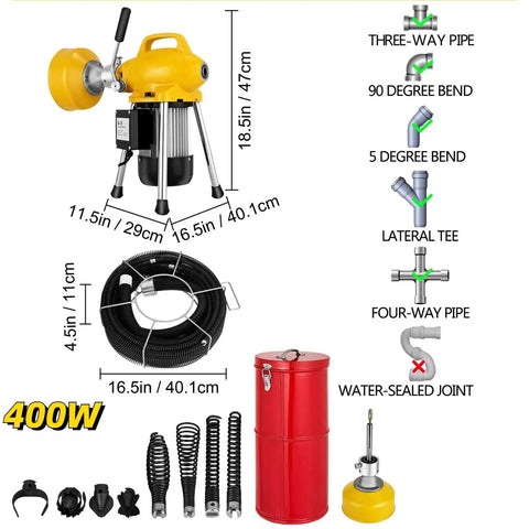 Image of Automatic Power Drain Snake And Heavy Duty Pipe Dredge Machine With Rust Resistant Manganese Steel Coil, tools and dimensions included.