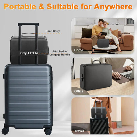 Fireproof Waterproof Document Bag With Lock Portable Organizer For Your Important Files Passport Certificates And Cards Travel Case With Zipper For Laptop shown with luggage in home, office, and travel settings.