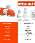 14A Series Narrow Low Profile Bilge Pump With Water Level Sensing, Automatic Operation, 1100 GPH, 12V DC shown with fittings