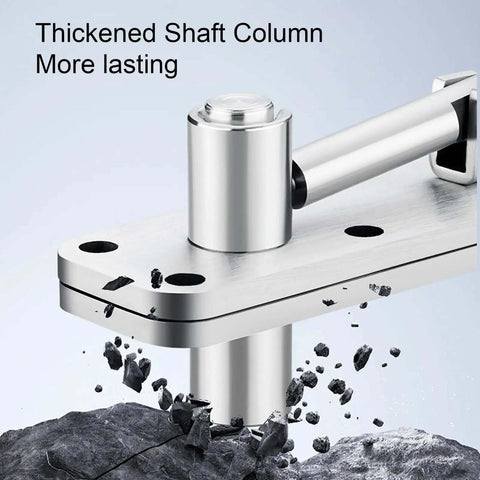 Close-up of Beefy Heavy Duty Hidden Door Hardware showing thickened shaft column and brushed stainless steel for 600 lb load.