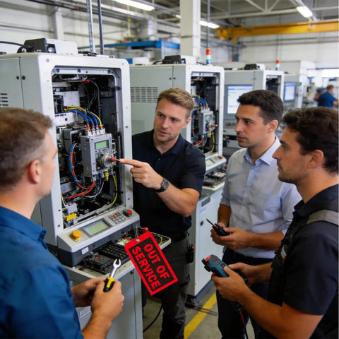 Image of technicians discussing machine repairs, featuring Straight-Up Red Out Of Service Tags With Galvanized Wire Ties, 200 Pack Heavy Duty Laminated Repair Required Lockout Signs For OSHA Wall Mounting Industrial Machine And Valve Inspection Safety Gear.