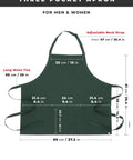 Unisex Three Pocket Hunter Green Apron With Adjustable Neck Strap And Waist Ties, front view with dimensions displayed