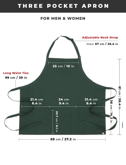 Unisex Three Pocket Hunter Green Apron With Adjustable Neck Strap And Waist Ties, front view with dimensions displayed