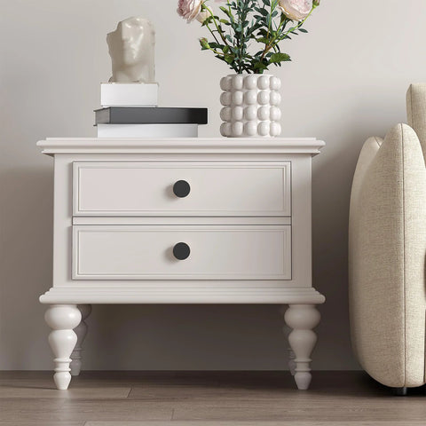 White dresser with 18 Pack Black Cabinet Knobs Zinc Alloy Round Drawer Knob 1-5/8 Inch, two drawers, plant on top