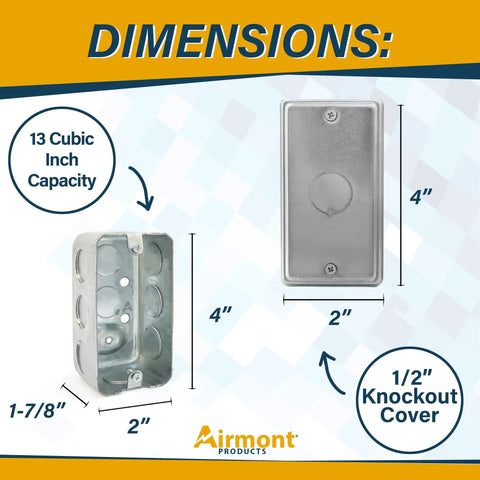 Pro Grade 4x2 Inch Utility Electrical Box And Cover Pack With Ten 1/2 Inch Knockouts, Drawn Construction, 13 Cu In, Galvanized Steel