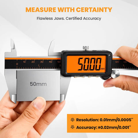 Rechargeable Digital Caliper With Large Orange Screen Anti Glare LCD ABS Function 6 Inch Caliper Measuring Tool showing 50mm