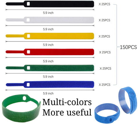 Reusable Hook And Loop Cable Ties Pack Of 150 In 5.9 Inch Length For Neat Cords And Cables With Strong Adhesion And Adjustable Length Ideal For Home Office Garage And Tech Gear Organization, multi-color 5.9-inch nylon ties
