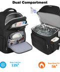 Insulated Cooler Backpack With Leakproof Dual Deck Design For Men And Women RFID Lunch Backpack That Keeps Grub Hot Or Cold For Up To 12 Hours Large Capacity Double Compartment Cooler Bag For Everyday Use, showing two open compartments, one with ice and water.