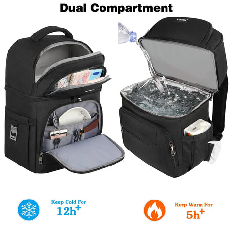 Insulated Cooler Backpack With Leakproof Dual Deck Design For Men And Women RFID Lunch Backpack That Keeps Grub Hot Or Cold For Up To 12 Hours Large Capacity Double Compartment Cooler Bag For Everyday Use, showing two open compartments, one with ice and water.