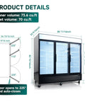 Straight Fire Commercial Display Freezer With Three Glass Doors And Seventy Cubic Feet Storage dimensions and door open details.