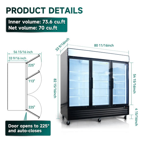 Straight Fire Commercial Display Freezer With Three Glass Doors And Seventy Cubic Feet Storage dimensions and door open details.